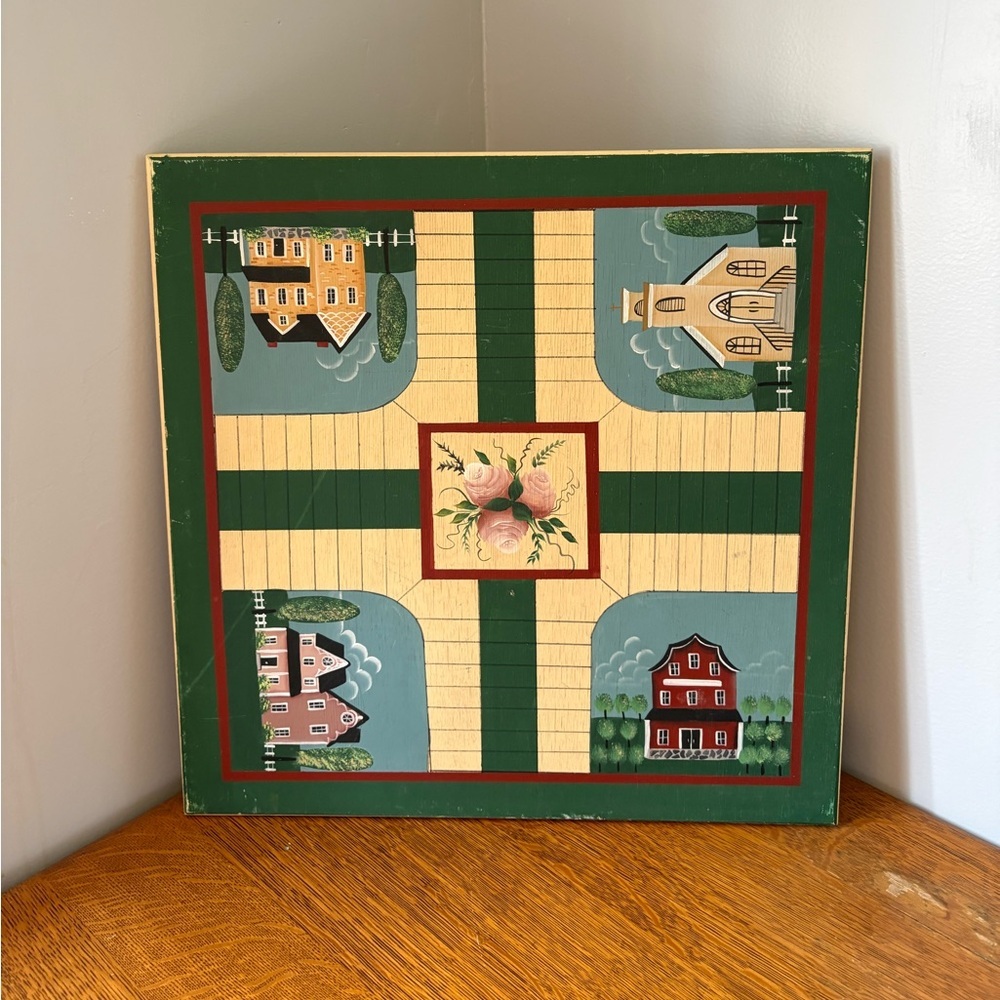 Folk Art Parcheesi Board Painted Distressed Board Game Wooden Shabby Chic Church